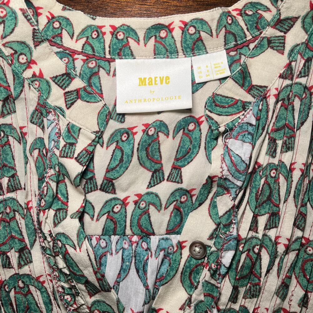 Maeve by Anthropologie Blouse Birdie Ruffled Button Down Cream Green Size 2 - Picture 6 of 11
